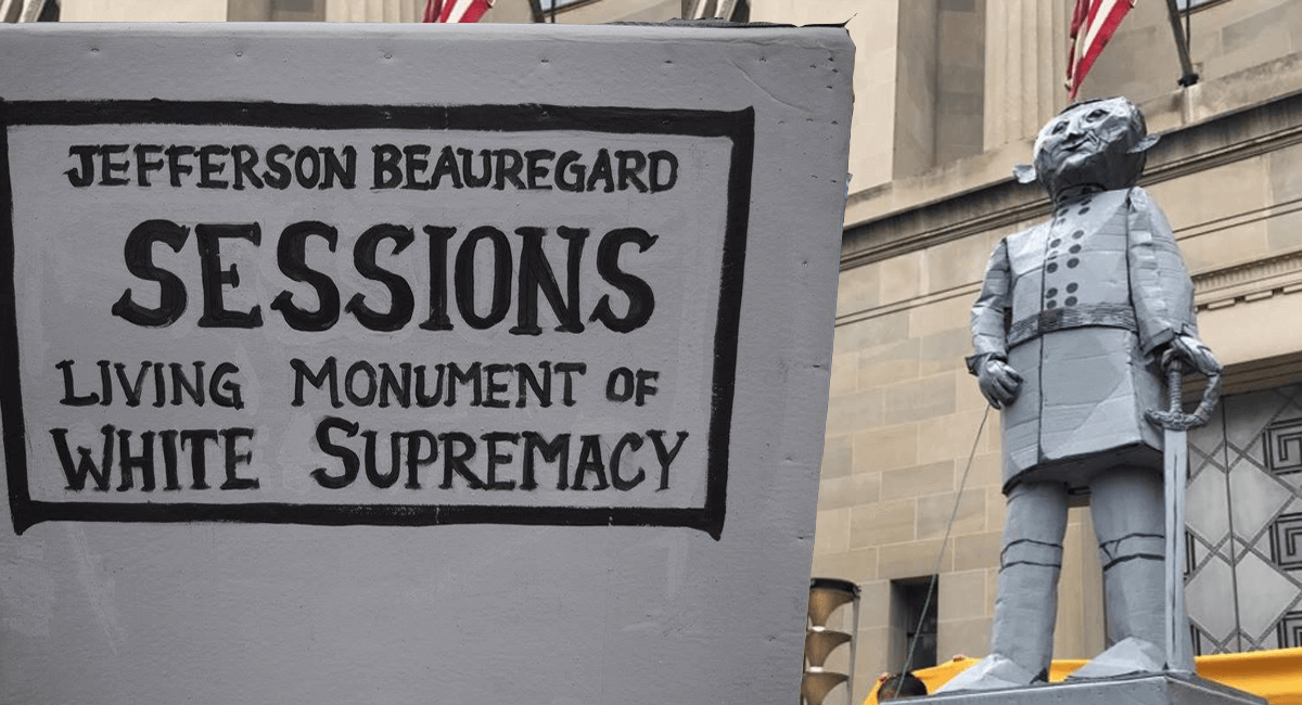 Day After DACA Repeal, Immigrants Take Down Statue of Jeff Sessions Outside the DOJ